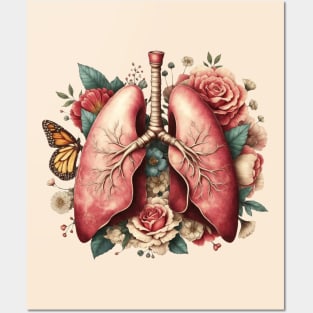 lungs cancer awareness, bloom roses floral, anatomy, watercolor, vintage style Posters and Art